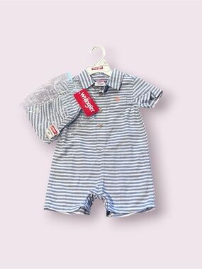 NWT Wrangler Baby Boys Blue Striped Short Sleeve Romper w/Matching Hat Sz 9 Mon